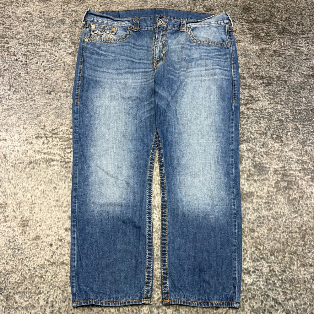 True Religion Jeans Mens 42x29 Blue World Tour Section Slim Stitched Flap Pocket